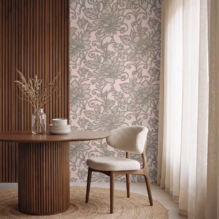 Bloemen - Kant - Patroon - Klassiek - Groen Behang Vlies klein -sfeer1