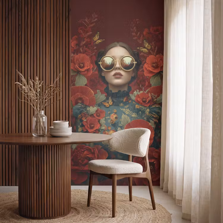Bloemen - Dieprood - Zonnebril - Vrouw Behang Vlies klein -sfeer1