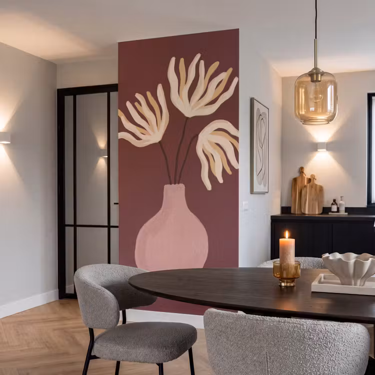 Bloemen - Vaas - Abstract - Modern - Aardetinten Behang Vlies klein -sfeer3