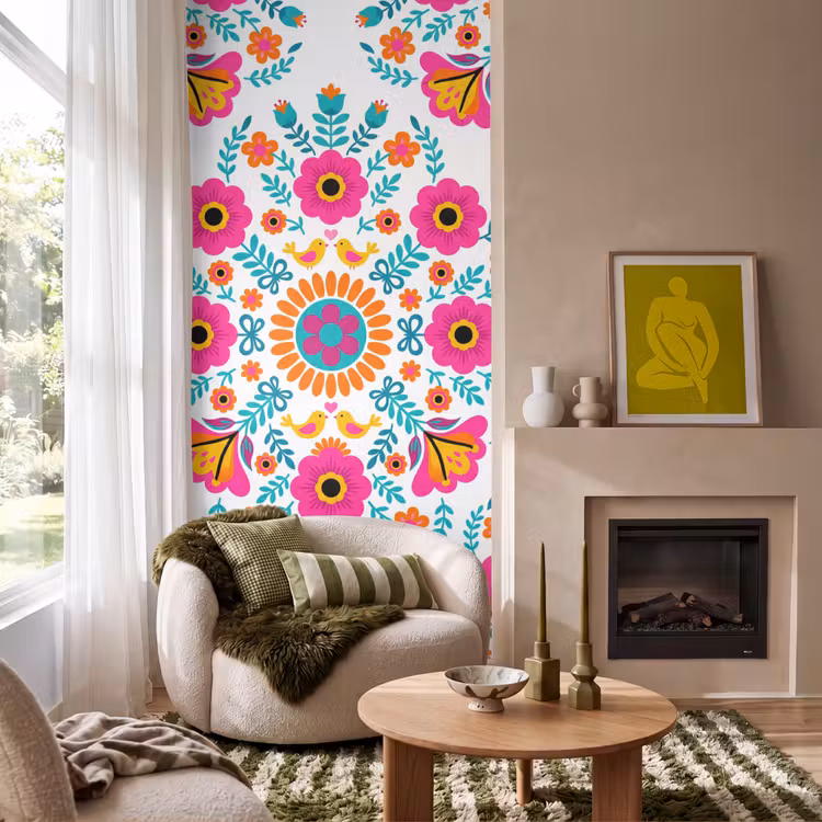 Bloemen - Vogel - Patroon - Kleurrijk - Modern Behang Vlies klein -sfeer2