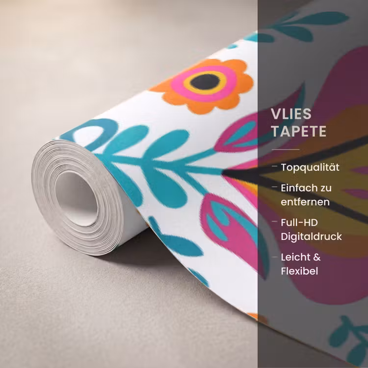Bloemen - Vogel - Patroon - Kleurrijk - Modern Behang Vlies klein -USP_closeupDE