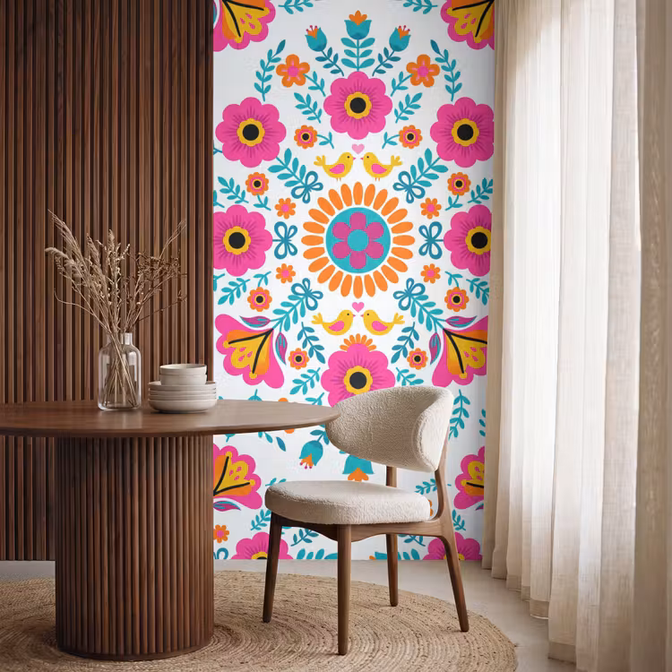 Bloemen - Vogel - Patroon - Kleurrijk - Modern Behang Vlies klein -sfeer1