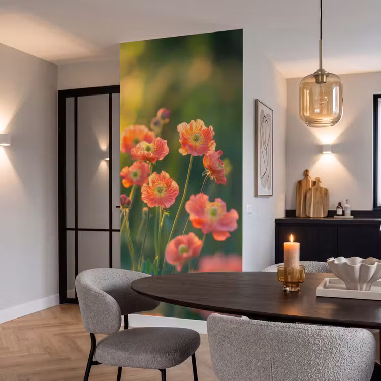 Bloemenveld - Zonnestralen - Oranje Behang Vlies klein -sfeer3