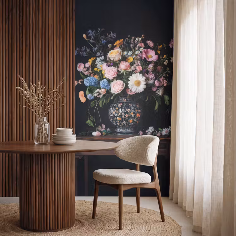 Bloemenvaas - Hout - Bloemen - Boeket Behang Vlies klein -sfeer1