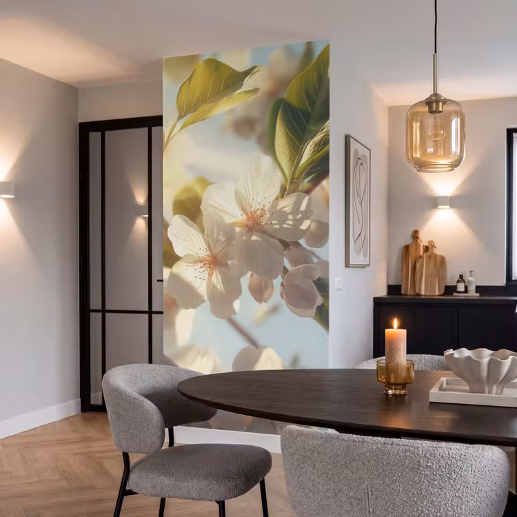 Bloesems - Wit - Zonnestralen -  Bloemblaadjes Behang Vlies klein -sfeer3