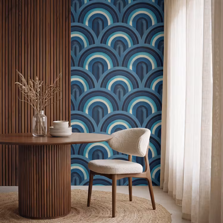 Bogen - Geometrisch - Patroon - Blauw - Retro Behang Vlies klein 1076 -sfeer1