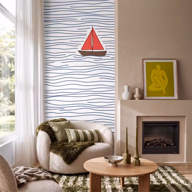 Boot - Water - Rood - Illustratie - Minimalistisch Behang Vlies klein -sfeer2