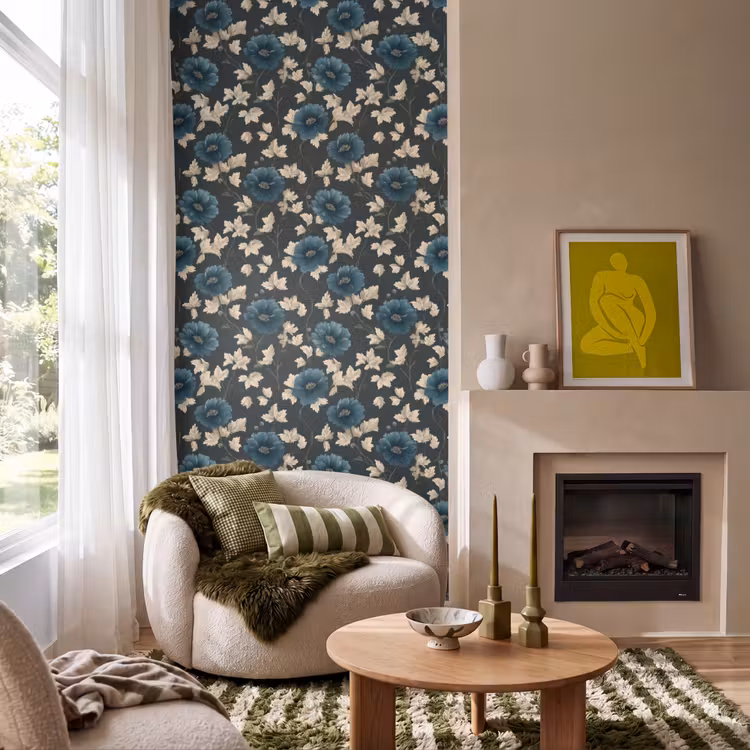 Botanisch - Bloemen - Blauw Behang Vlies klein 1076 -sfeer2