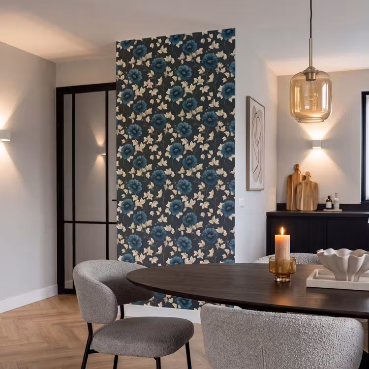 Botanisch - Bloemen - Blauw Behang Vlies klein 1076 -sfeer3