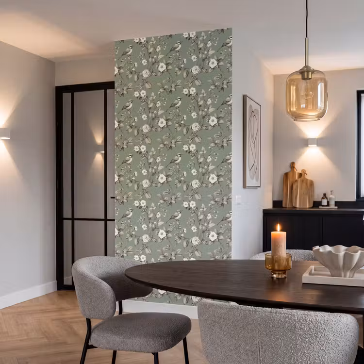 Botanisch - Vogels - Groen Behang Vlies klein 1076 -sfeer3
