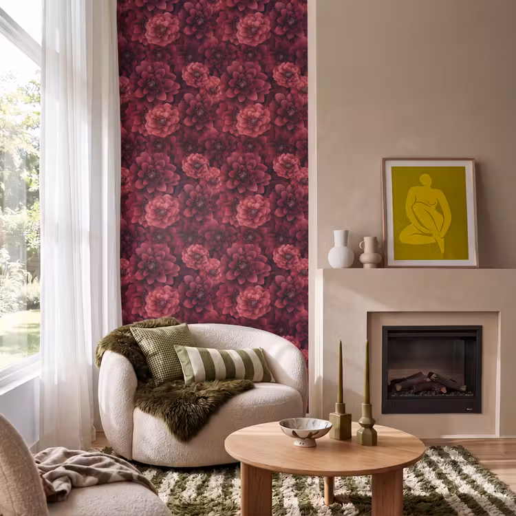 Dahlias - Bloemen - Rood Behang Vlies klein 1076 -sfeer2
