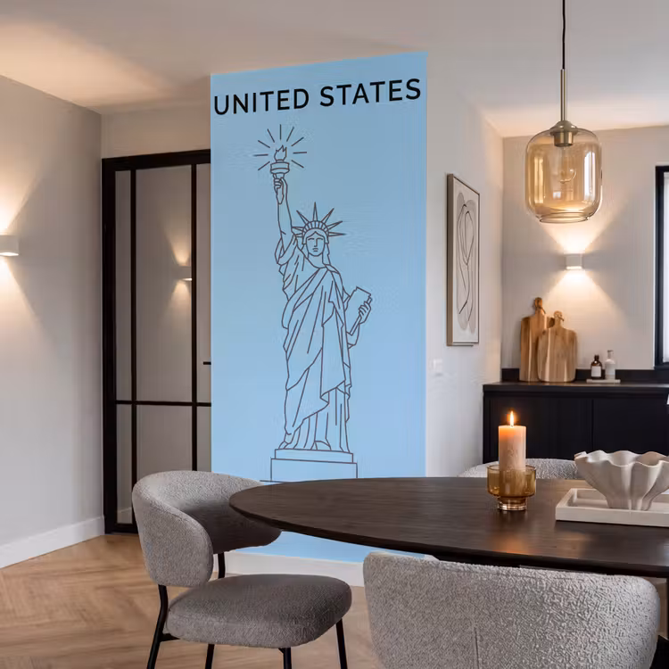 Monument - Vrijheidsbeeld - New York - Minimalistisch - Blauw Behang Vlies klein -sfeer3