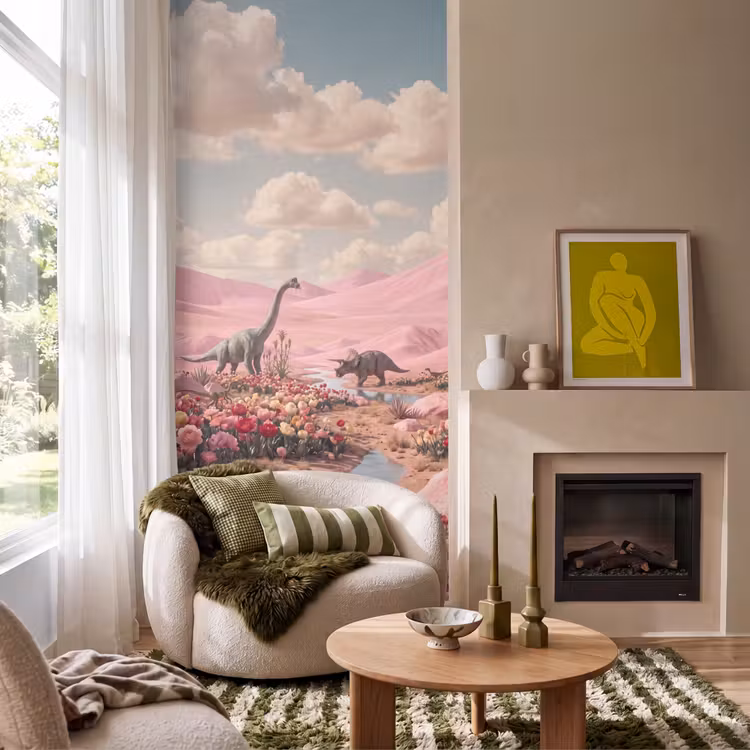 Tapete - Dinosaurier – Rosa – Landschaft - Dinosaurus - Roze - Landschap Behang Vlies klein