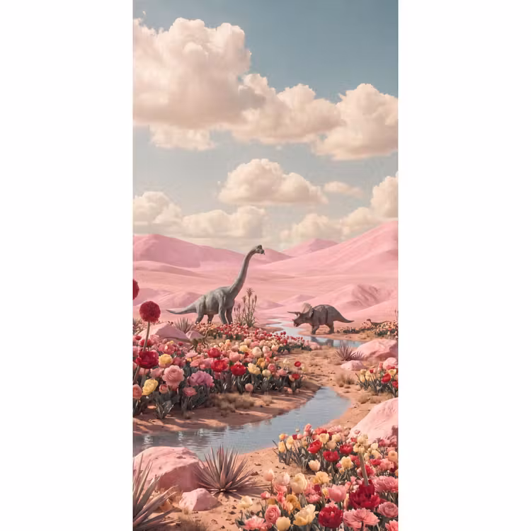 Tapete - Dinosaurier – Rosa – Landschaft - Dinosaurus - Roze - Landschap Behang Vlies klein