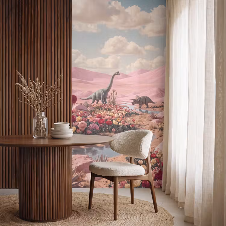 Tapete - Dinosaurier – Rosa – Landschaft - Dinosaurus - Roze - Landschap Behang Vlies klein