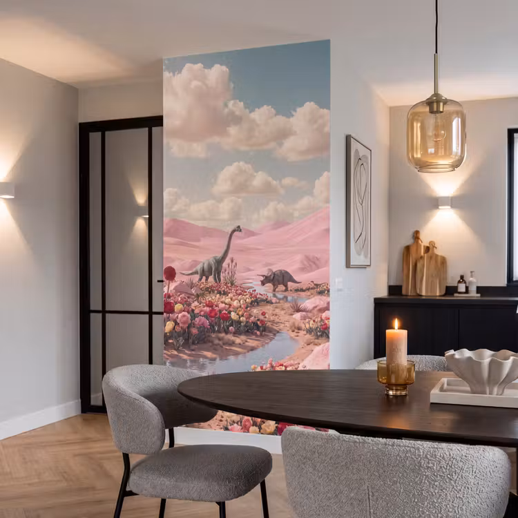 Tapete - Dinosaurier – Rosa – Landschaft - Dinosaurus - Roze - Landschap Behang Vlies klein