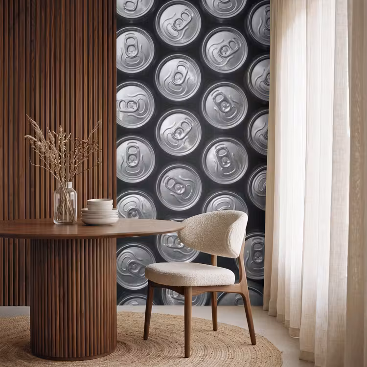 Tapete - Dosen – Aluminium – Muster – Industrieller Stil – Silber - Blikjes - Aluminium - Patroon - Industrieel - Zilver Behang Vlies klein