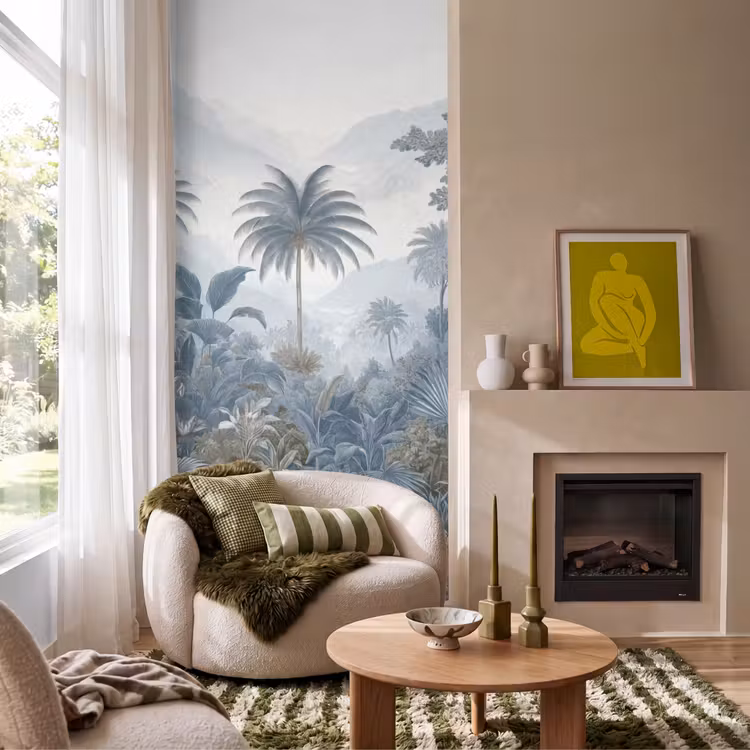 Jungle - Modern - Blauw - Groen Behang Vlies klein -sfeer2