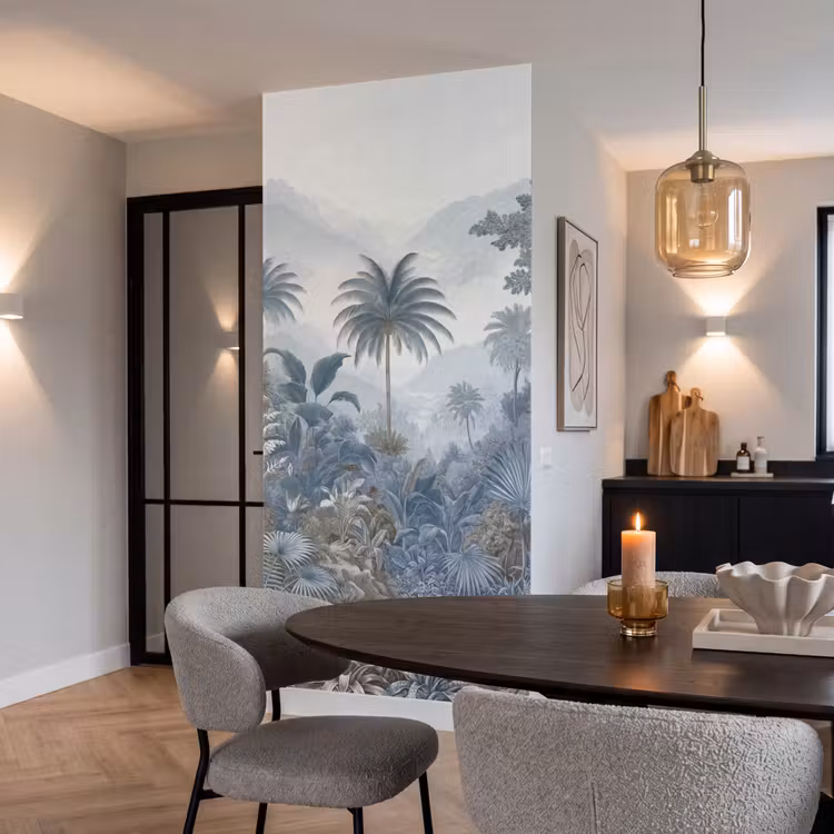 Jungle - Modern - Blauw - Groen Behang Vlies klein -sfeer3