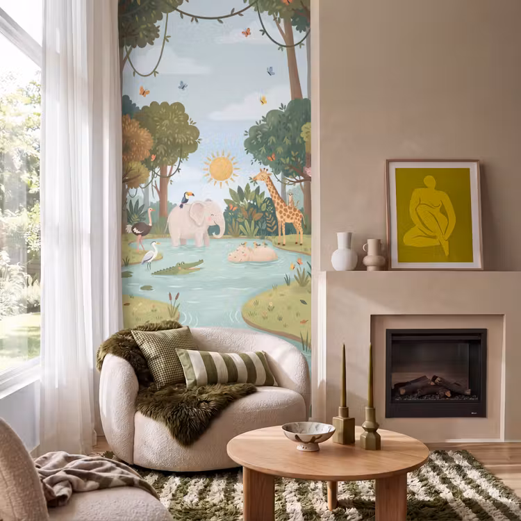 Jungle - Oase - Dieren - Kleurrijk Behang Vlies klein -sfeer2