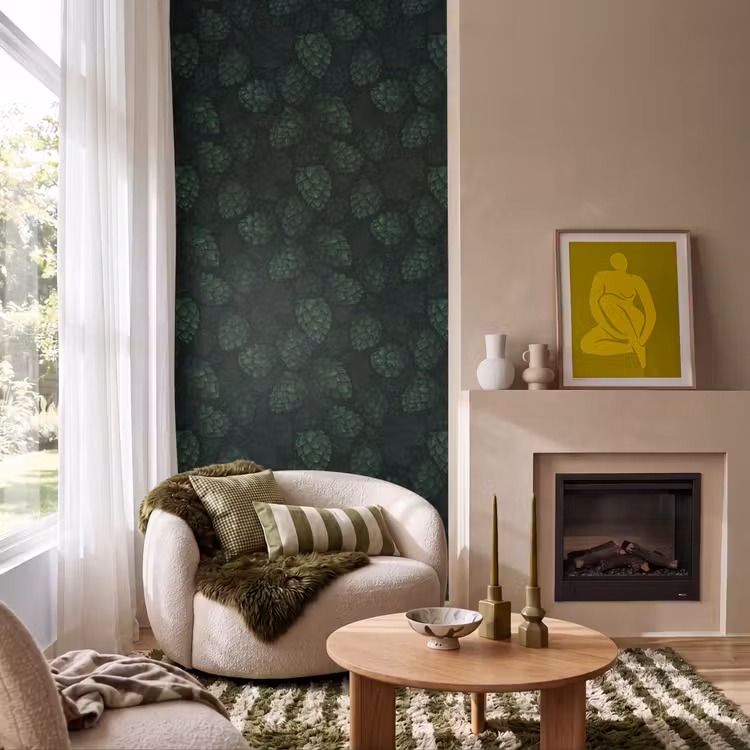 Donker - Groen - Hopbellen - Botanisch - Illustratie Behang Vlies klein 1076 -sfeer2