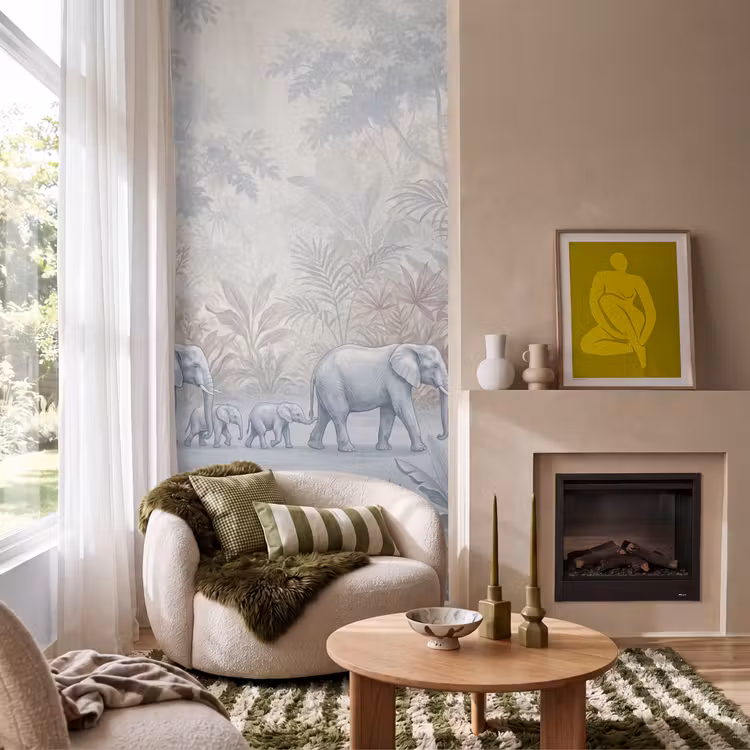 Olifant - Familie - Jungle - Illustratie - Grijs Behang Vlies klein -sfeer2
