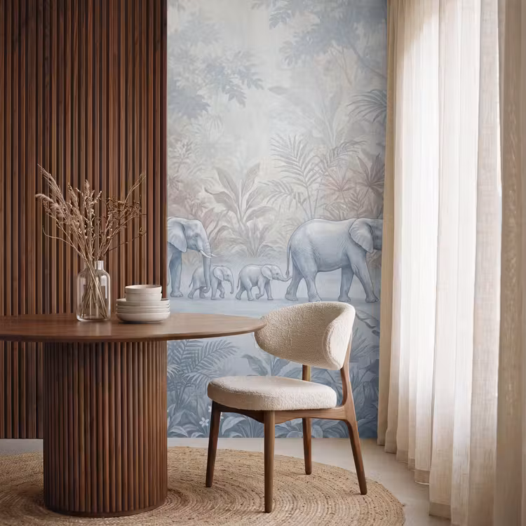 Olifant - Familie - Jungle - Illustratie - Grijs Behang Vlies klein -sfeer1