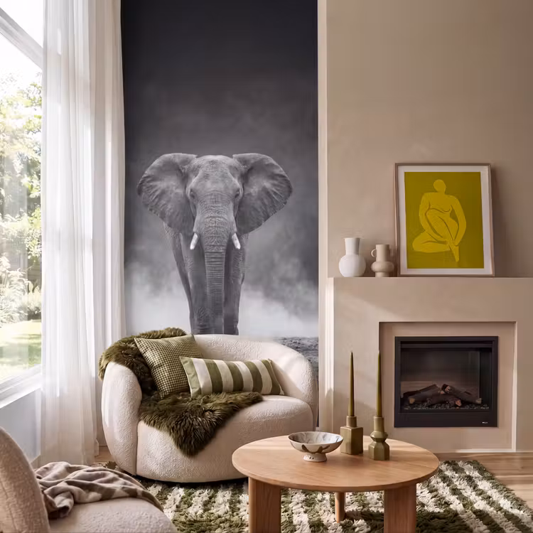 Olifant - Zwart - Wit - Rook Behang Vlies klein -sfeer2