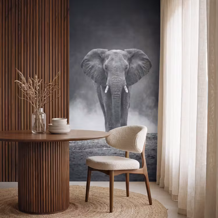 Olifant - Zwart - Wit - Rook Behang Vlies klein -sfeer1