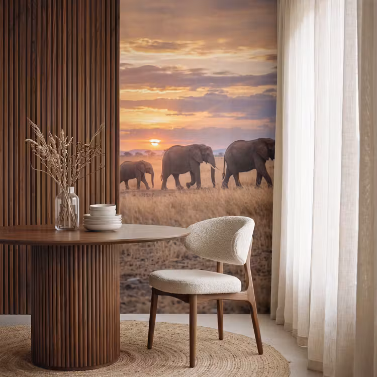 Olifanten - Savanne - Zonsondergang - Afrika - Warm Behang Vlies klein -sfeer1