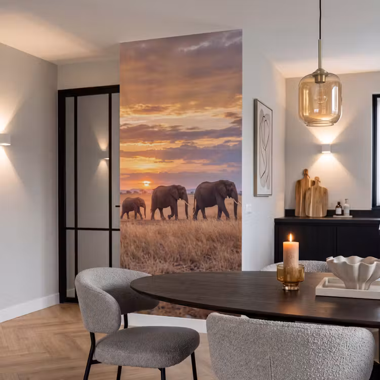 Olifanten - Savanne - Zonsondergang - Afrika - Warm Behang Vlies klein -sfeer3