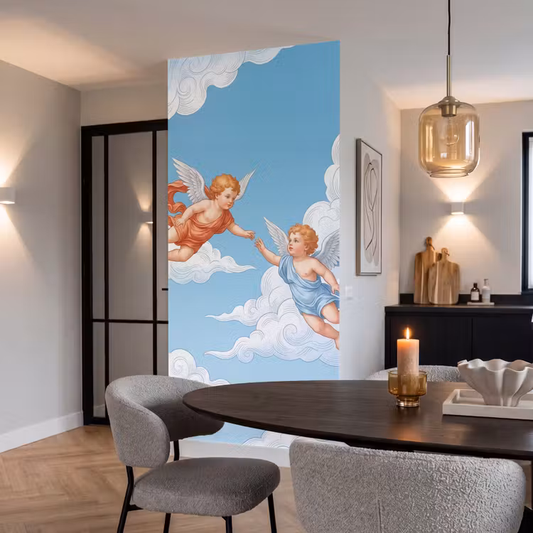 Engel - Vliegend - Klassiek - Blauw Behang Vlies klein -sfeer3