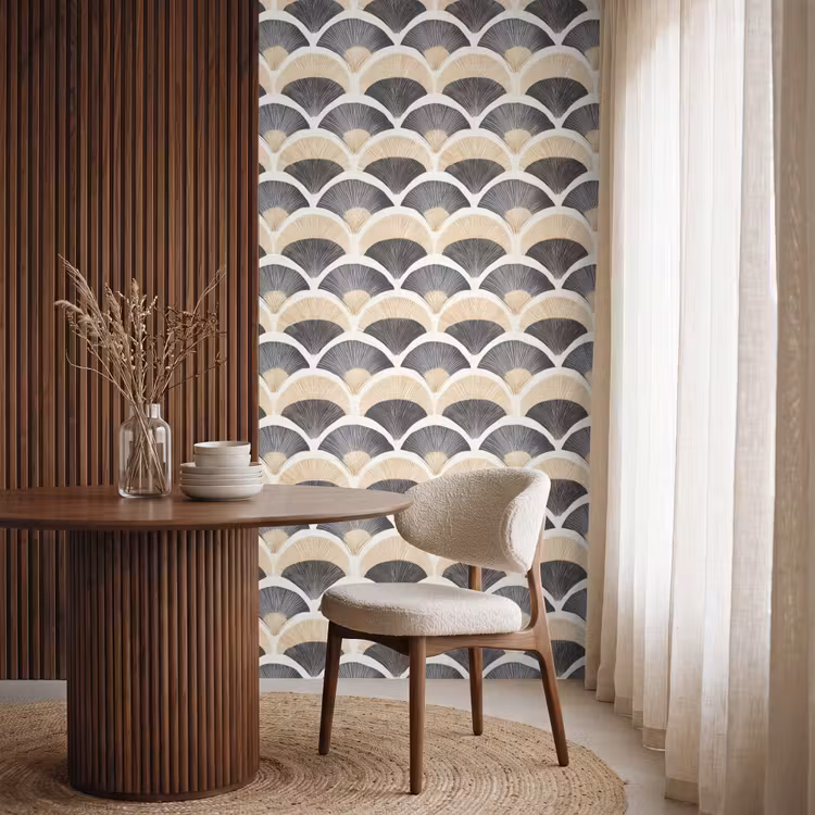 Waaier - Patroon - Zwart - Beige Behang Vlies klein 1076 -sfeer1