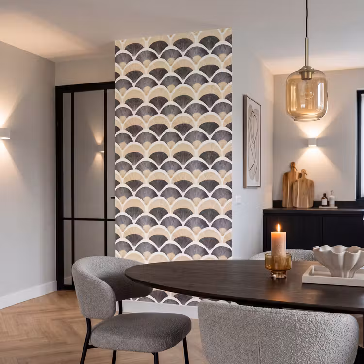 Waaier - Patroon - Zwart - Beige Behang Vlies klein 1076 -sfeer3