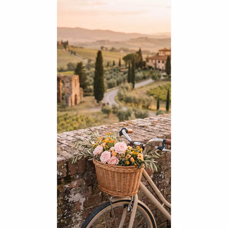 Fiets - Bloemen - Toscane - Landschap - Roze Behang Vlies klein -3d_website