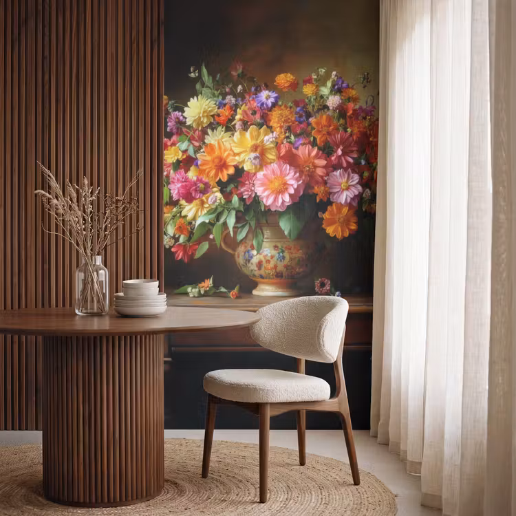 Kleuren - Boeket - Vaas - Hout Behang Vlies klein -sfeer1