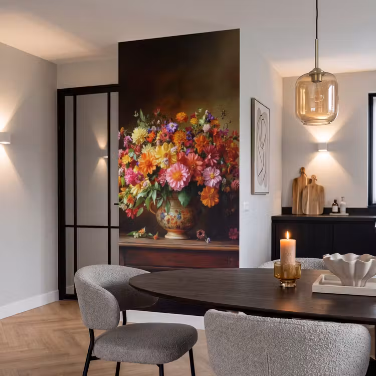 Kleuren - Boeket - Vaas - Hout Behang Vlies klein -sfeer3
