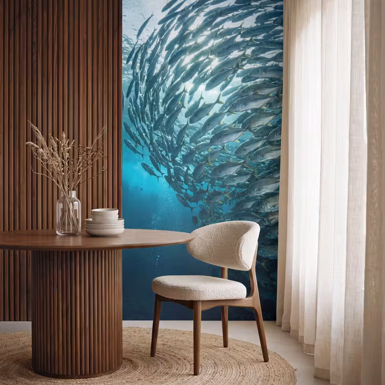 Vis - School - Oceaan - Natuur - Blauw Behang Vlies klein -sfeer1