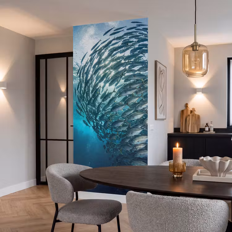 Vis - School - Oceaan - Natuur - Blauw Behang Vlies klein -sfeer3