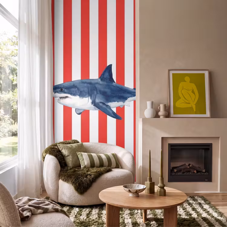 Tapete - Fisch – Hai – Meer – Illustration – Blau - Vis - Haai - Zee - Illustratie - Blauw Behang Vlies klein