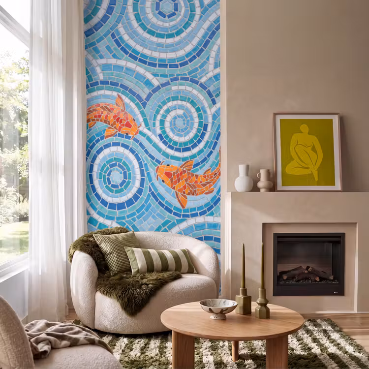 Vis - Mozaïek - Water - Decoratief - Blauw Behang Vlies klein -sfeer2