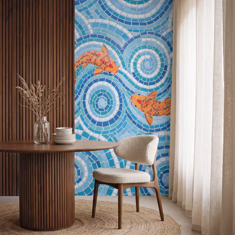 Vis - Mozaïek - Water - Decoratief - Blauw Behang Vlies klein -sfeer1