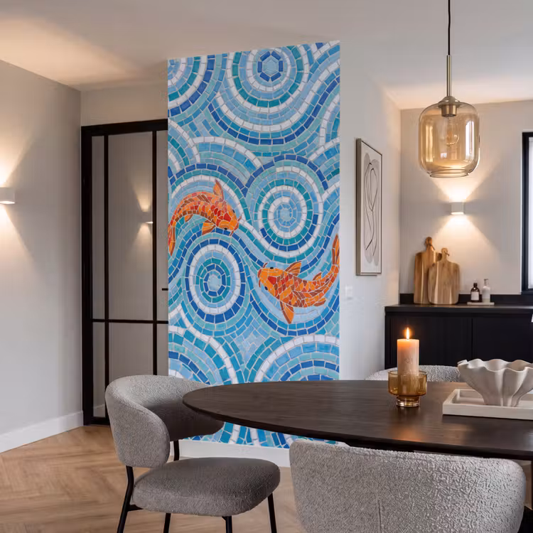 Vis - Mozaïek - Water - Decoratief - Blauw Behang Vlies klein -sfeer3