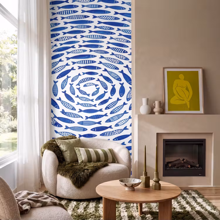 Vis - Patroon - Onderwater - Abstract - Blauw Behang Vlies klein -sfeer2