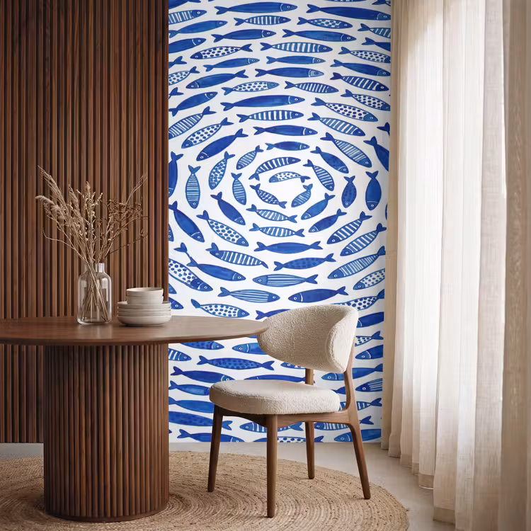 Vis - Patroon - Onderwater - Abstract - Blauw Behang Vlies klein -sfeer1
