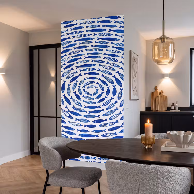 Vis - Patroon - Onderwater - Abstract - Blauw Behang Vlies klein -sfeer3