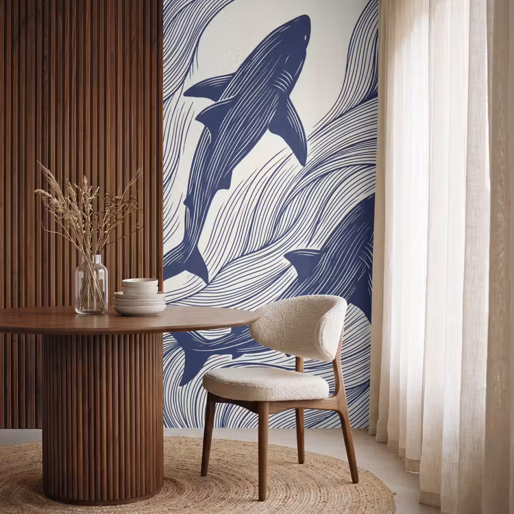 Vis - Oceaan - Lijntekening - Blauw - Dieren Behang Vlies klein -sfeer1