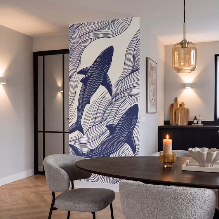 Vis - Oceaan - Lijntekening - Blauw - Dieren Behang Vlies klein -sfeer3