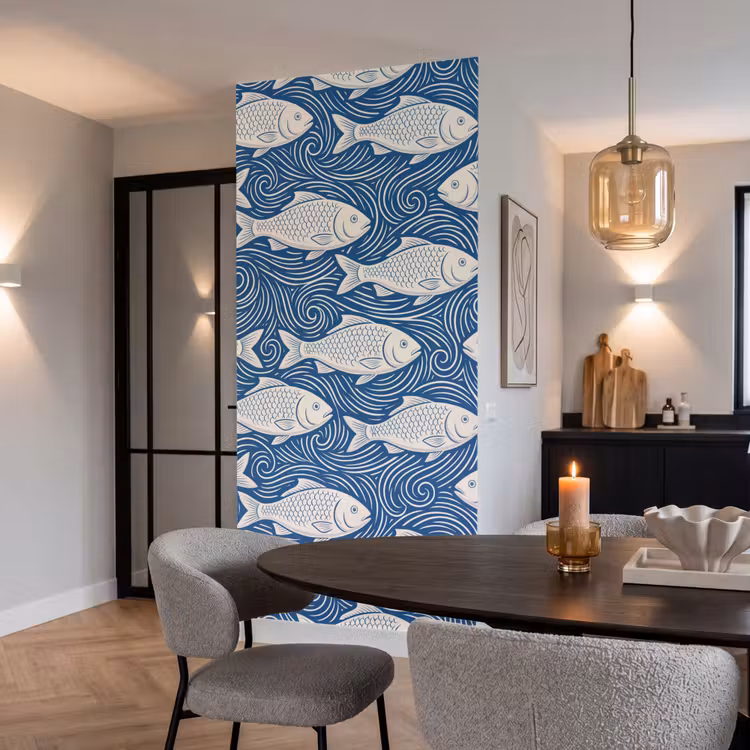 Vis - Water - Patroon - Grafisch - Blauw Behang Vlies klein -sfeer3
