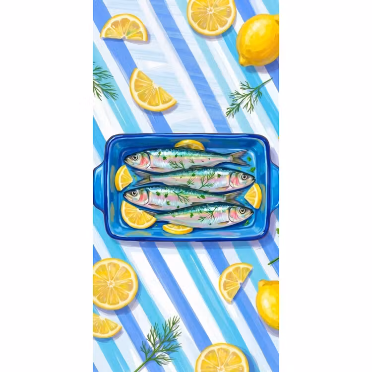 Tapete - Fisch – Zitrone – Kräuter – Essen – Blau - Vis - Citroen - Kruiden - Eten - Blauw Behang Vlies klein